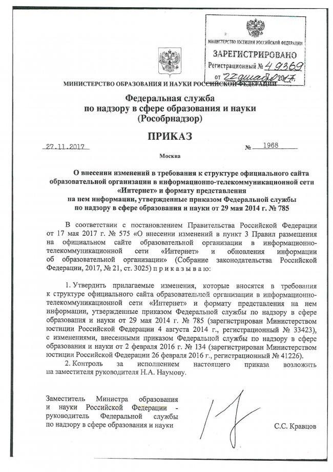 Приказ Рособрнадзора №785 от 29.05.2014 г. (ред. от 27.11.2017г.) Об утверждении требований к структуре официального сайта образовательной организации и информационно-телекоммуникационной сети Интернет и формату представления на нем информации